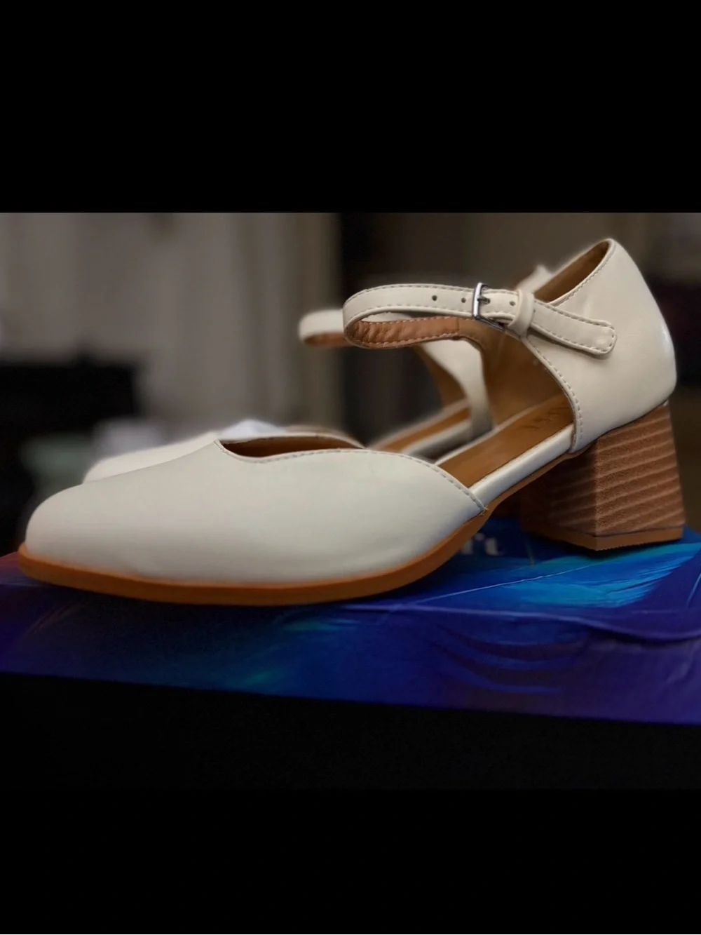 Women’s Cream Ankle-Strap Block Heel Pumps